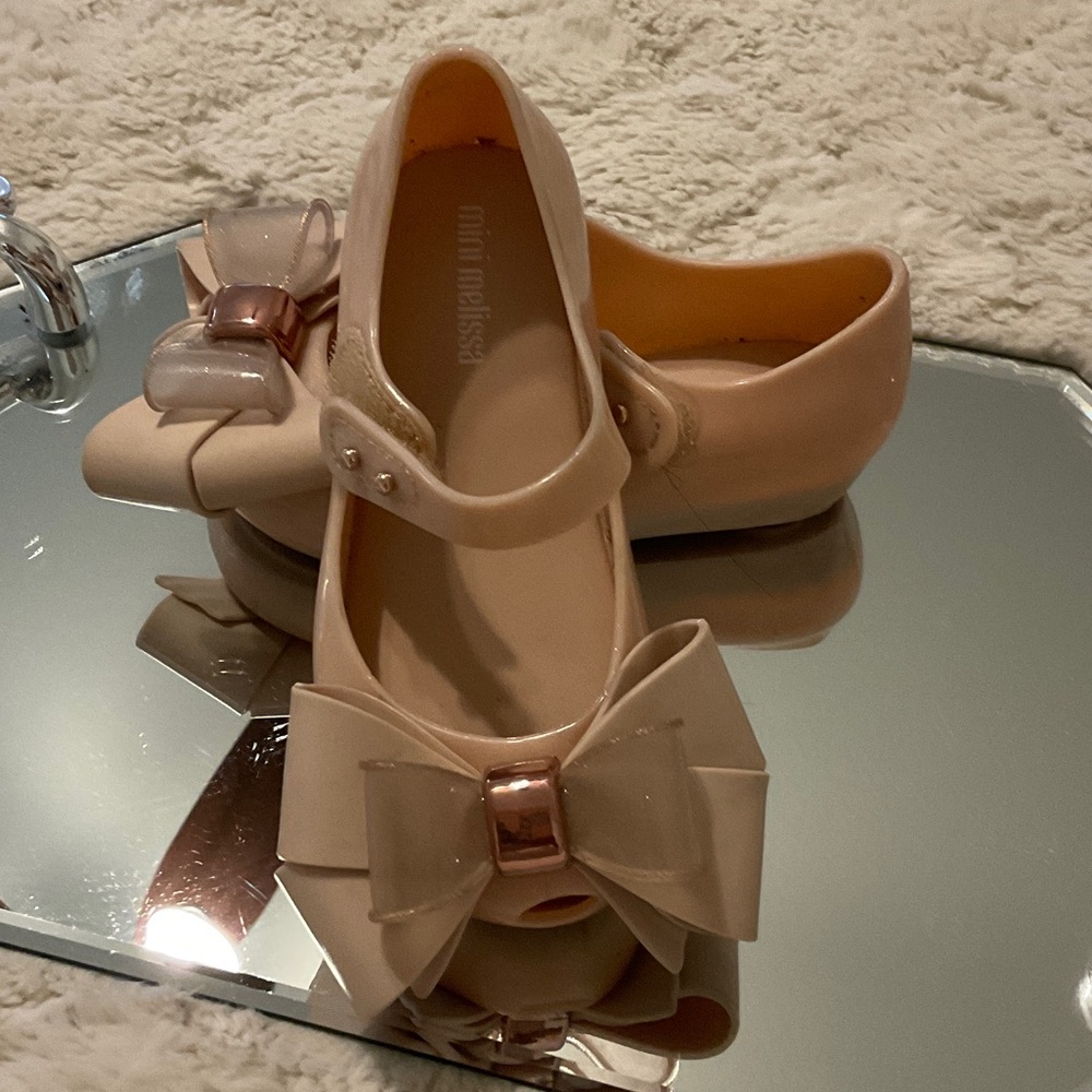 Girls Peep-Toe Bow Mary Jane Flats - Nude